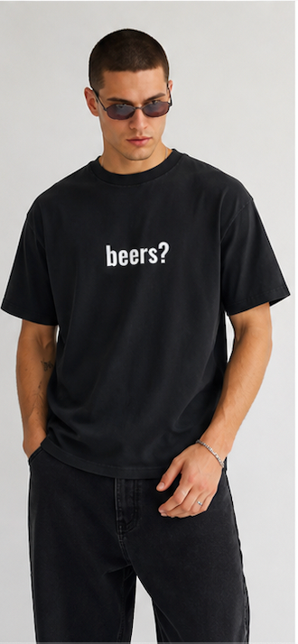 beers? Tee worn by model on plain background
