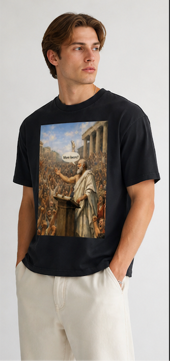 More Beers Philosopher Tee worn by model on plain background
